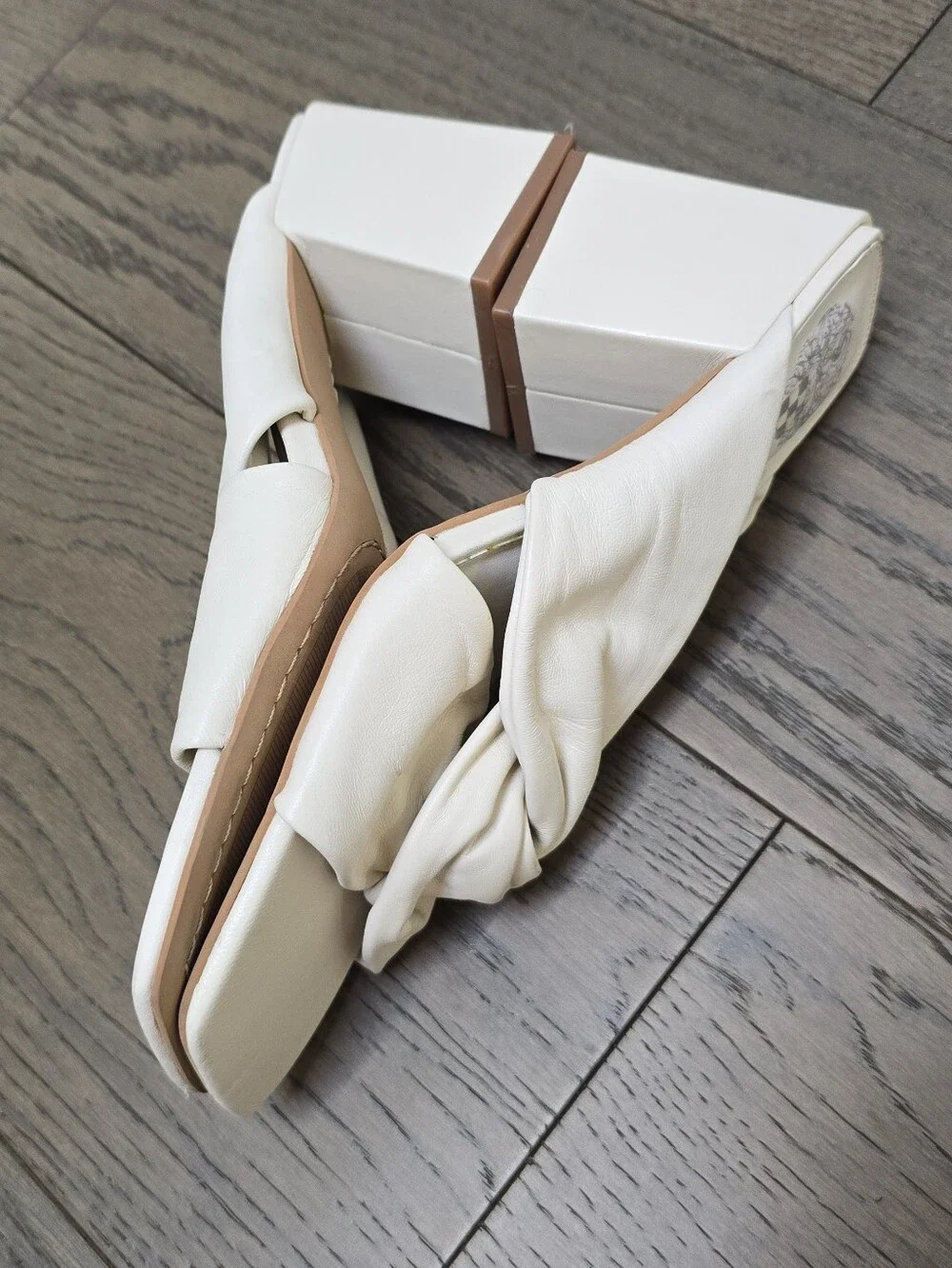Vince Camuto Jenabie Twist Leather Block Heel Sandal in Beige Baby Sheep